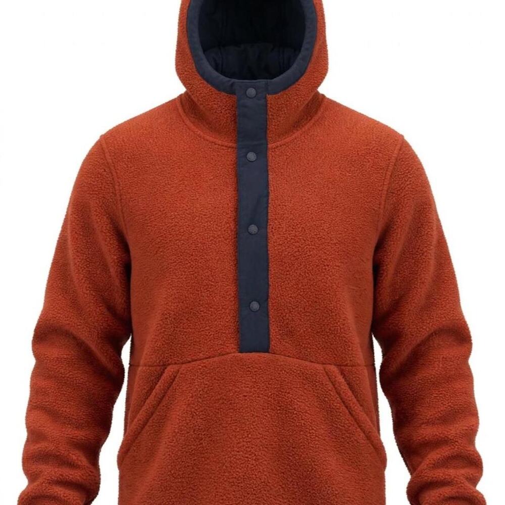 The North Face orange fleece hoodie with navy blue trim, size M